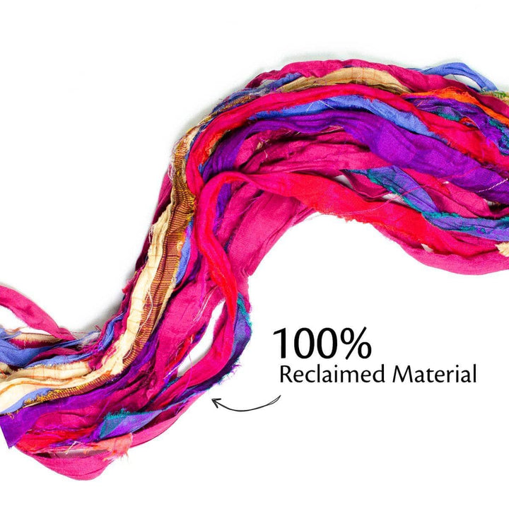 Bahamas multi-colored sari silk ribbon yarn with 100% reclaimed material.