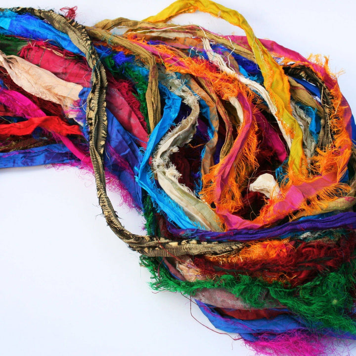 Recycled Sari Silk Multicolored Ribbon Yarn "Tibet Jewels" - Darn Good Yarn
