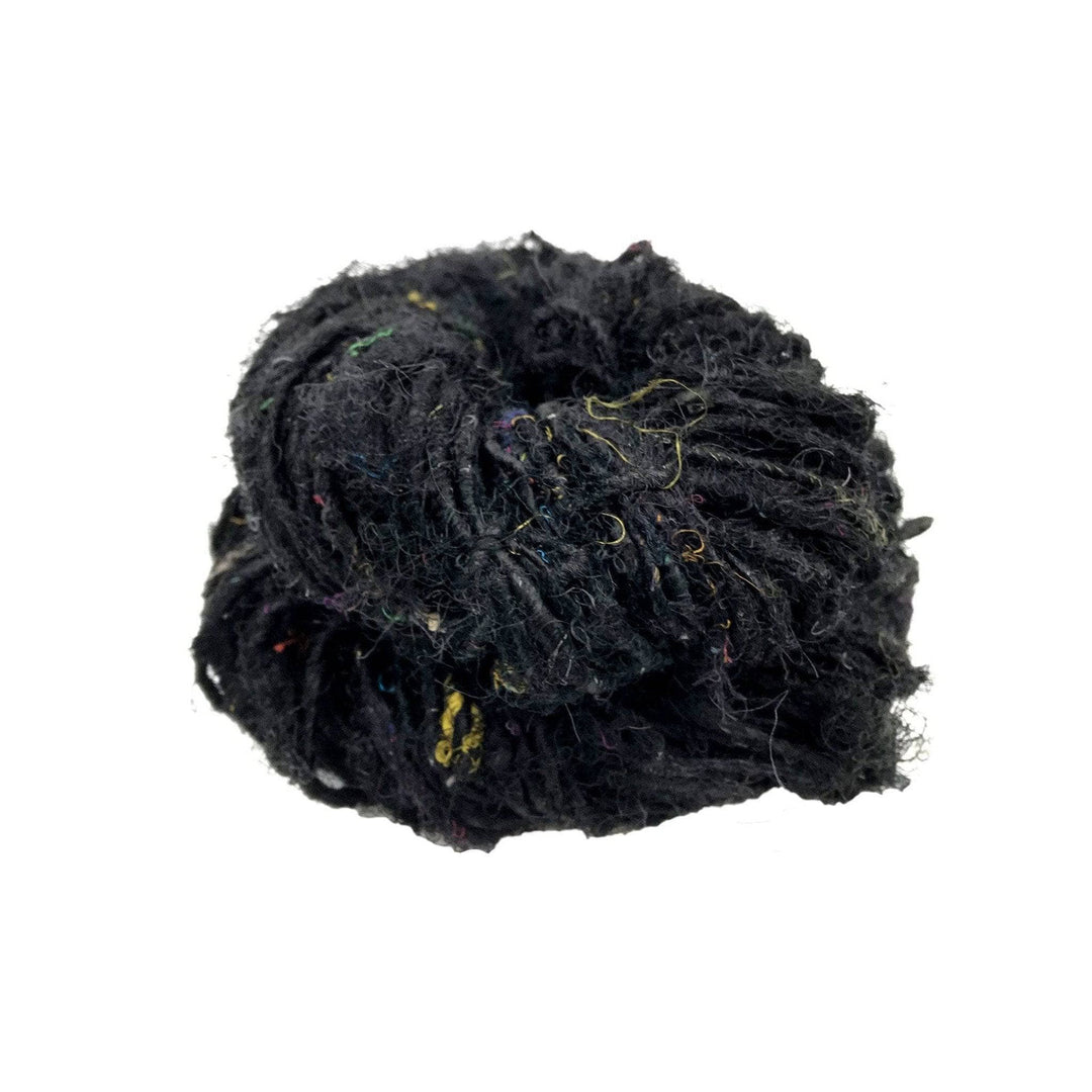  Recycled Silk Yarn close up in the color black with a white background